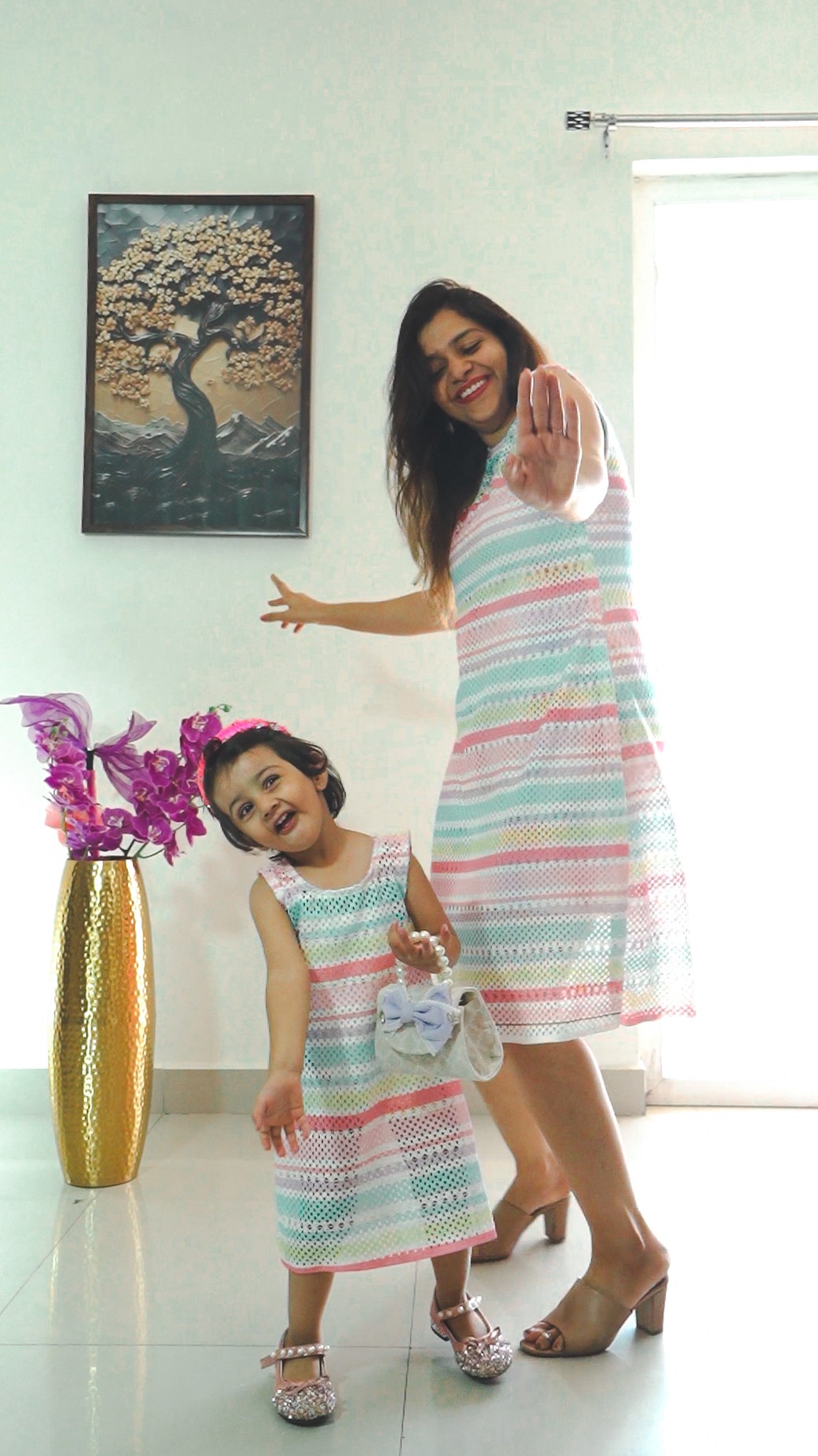 Pastel Harmony Mother-Daughter Dress Set with Soft Striped Elegance Pastel Harmony Mother-Daughter Dress Set with Soft Striped Elegance
