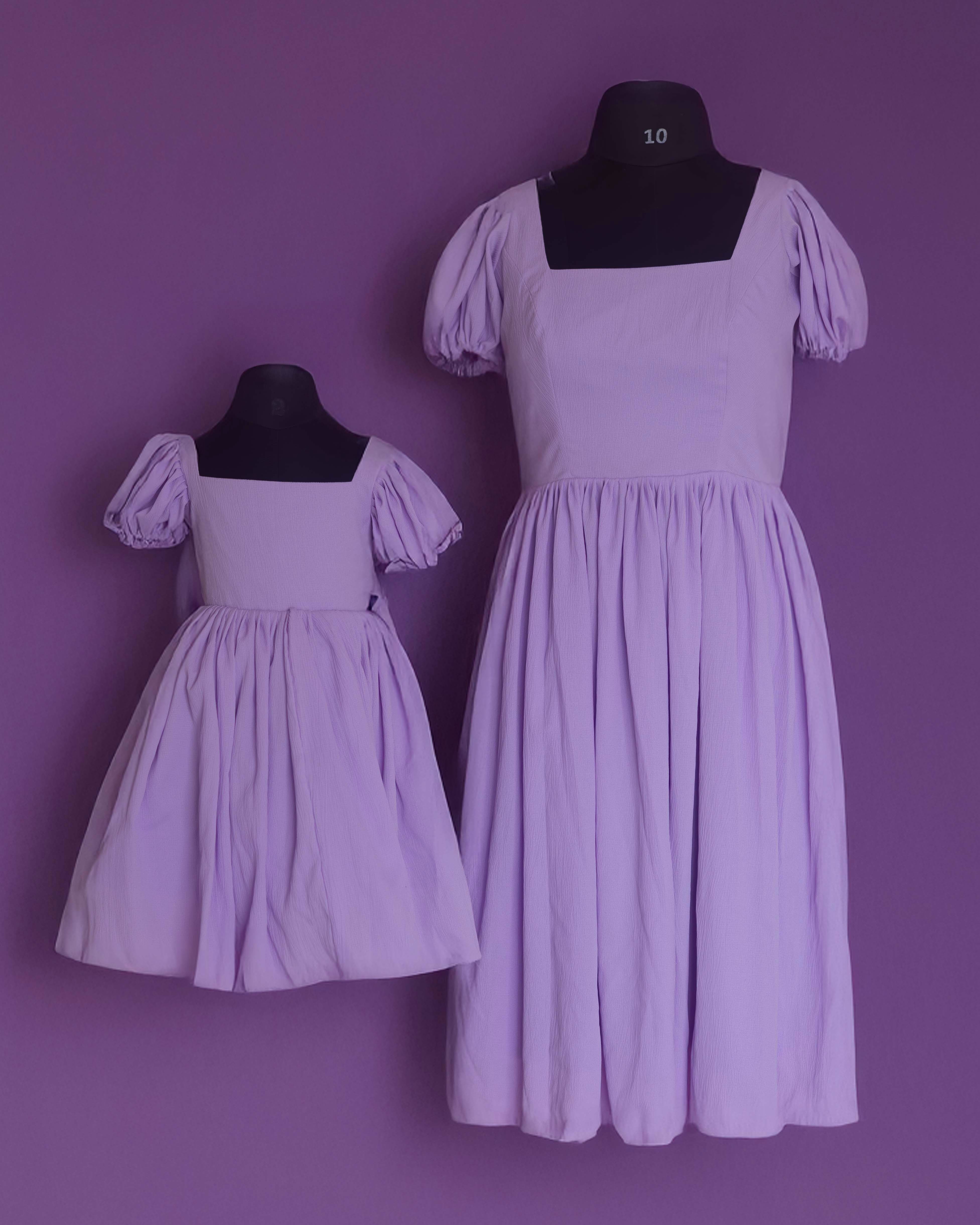 Lavender Puff Sleeve Back Bow Mother and Daughter Dress Set Lavender Puff Sleeve Back Bow Mother and Daughter Dress Set