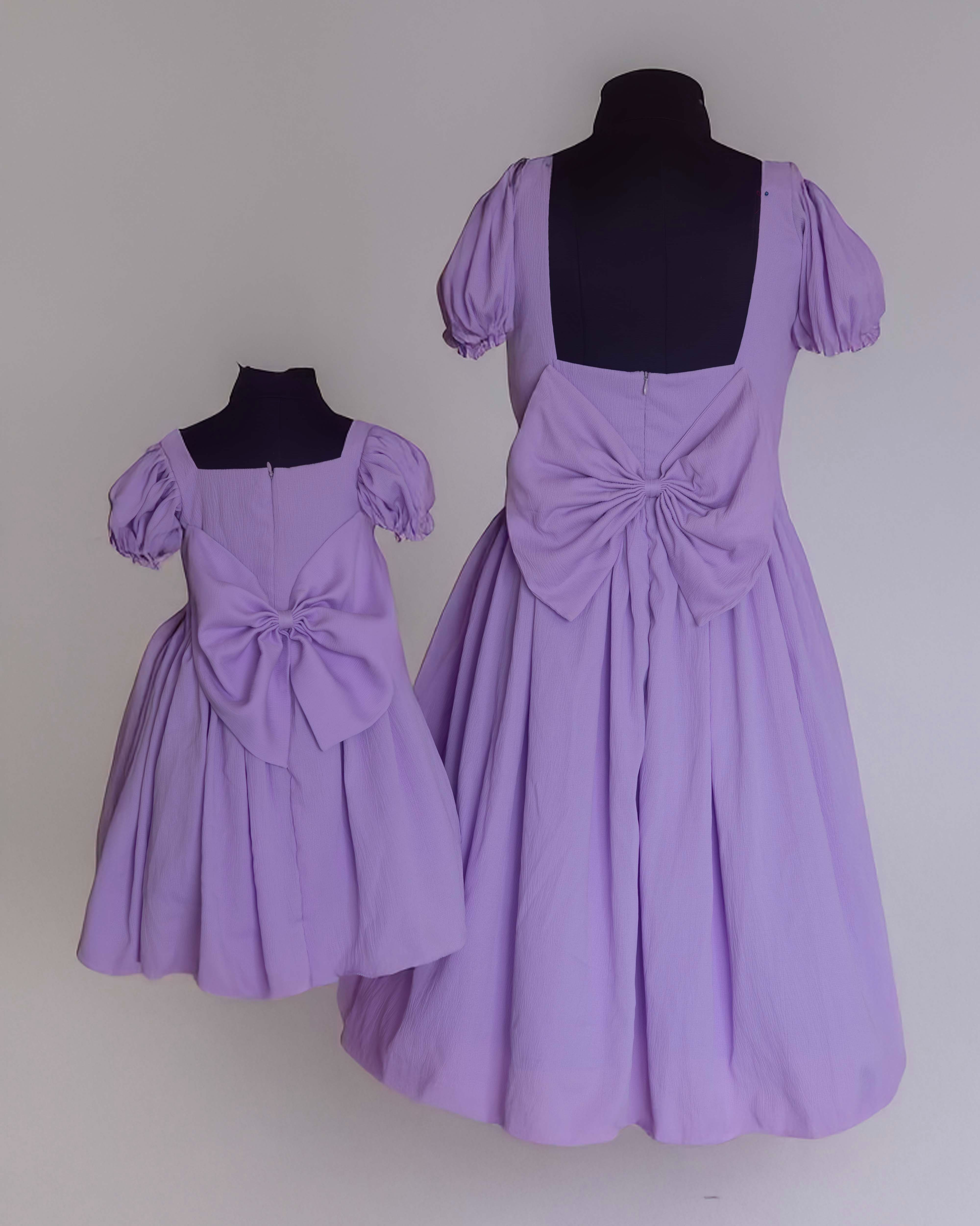 Lavender Puff Sleeve Back Bow Mother and Daughter Dress Set Lavender Puff Sleeve Back Bow Mother and Daughter Dress Set