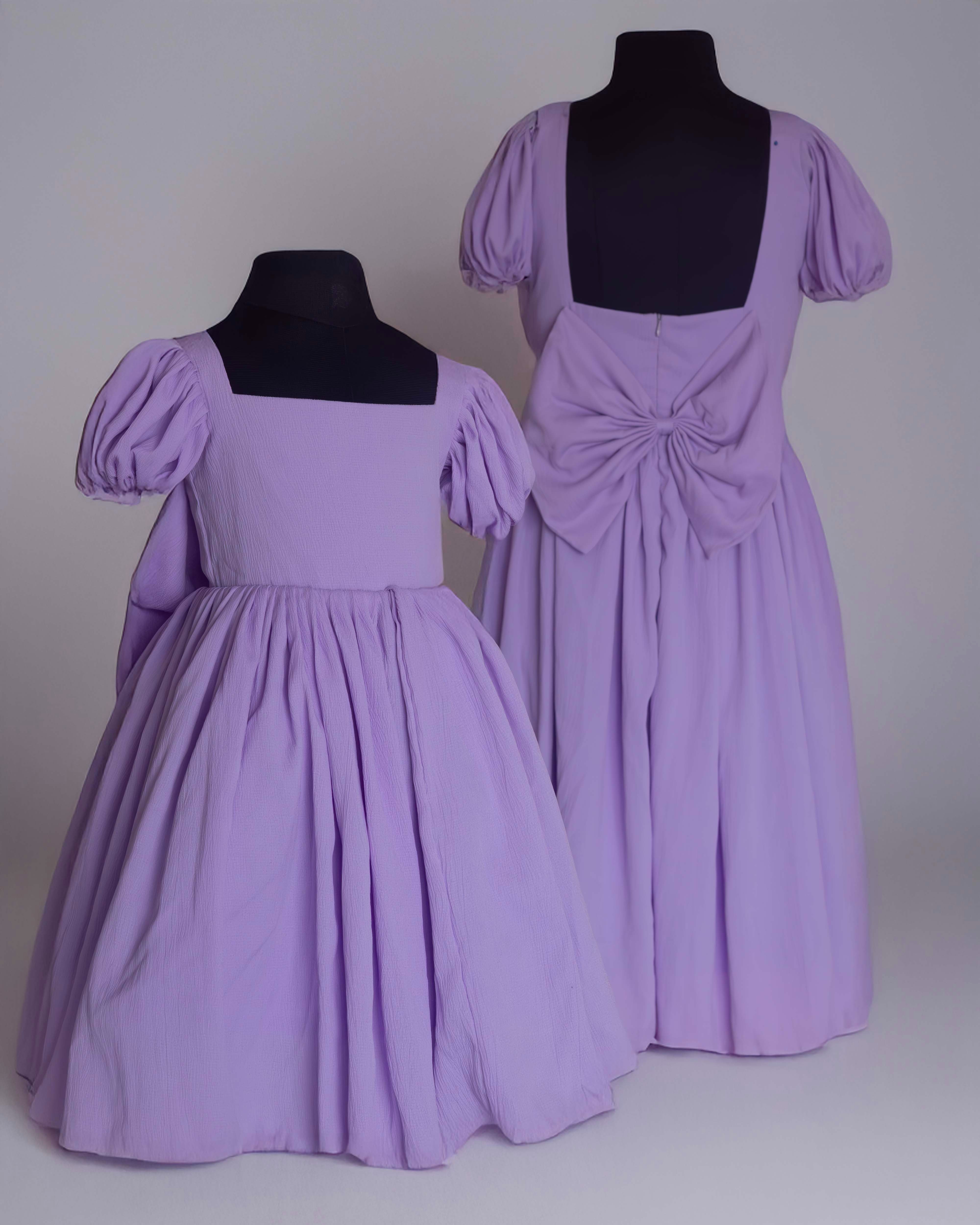 Lavender Puff Sleeve Back Bow Mother and Daughter Dress Set Lavender Puff Sleeve Back Bow Mother and Daughter Dress Set