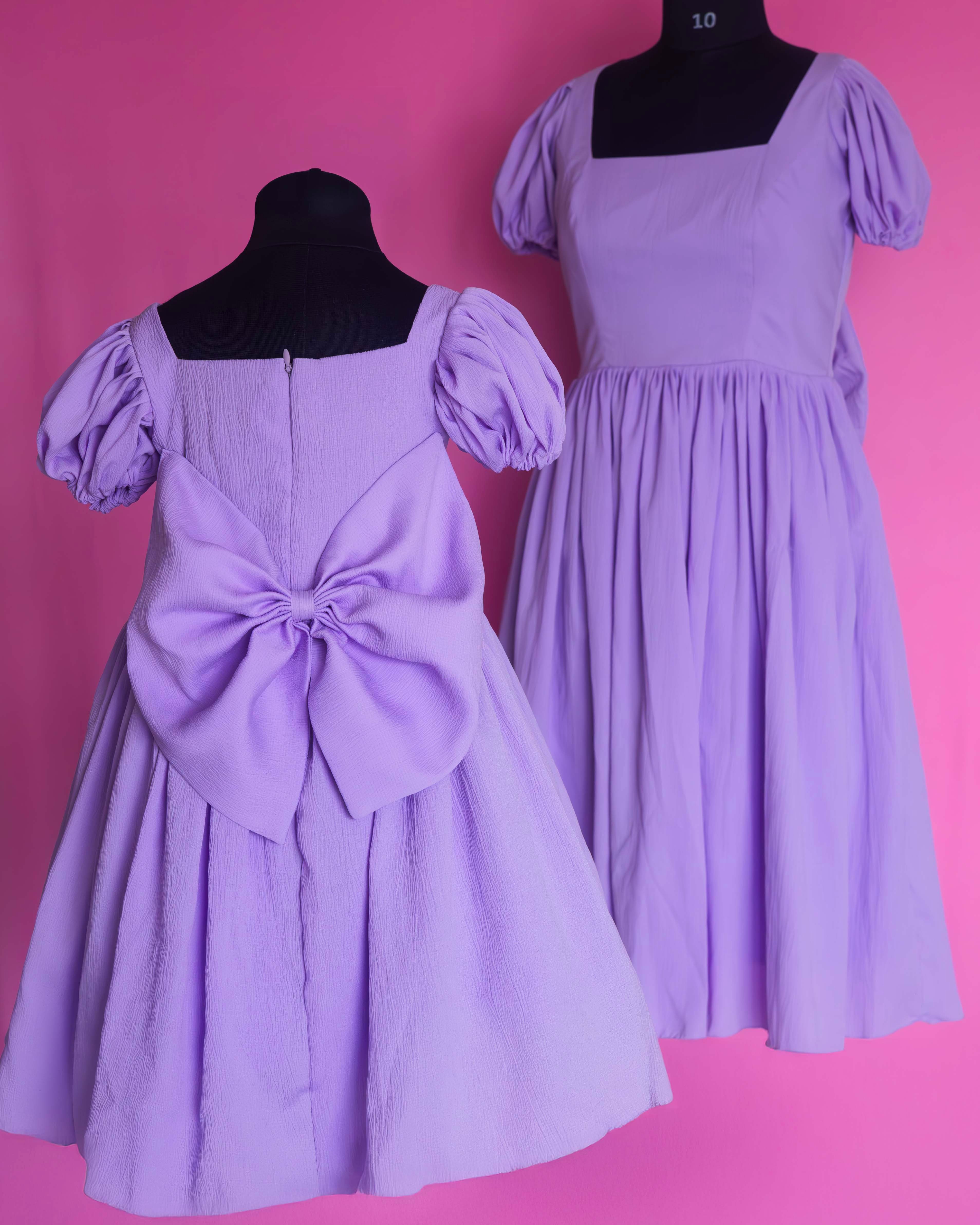 Lavender Puff Sleeve Back Bow Mother and Daughter Dress Set Lavender Puff Sleeve Back Bow Mother and Daughter Dress Set