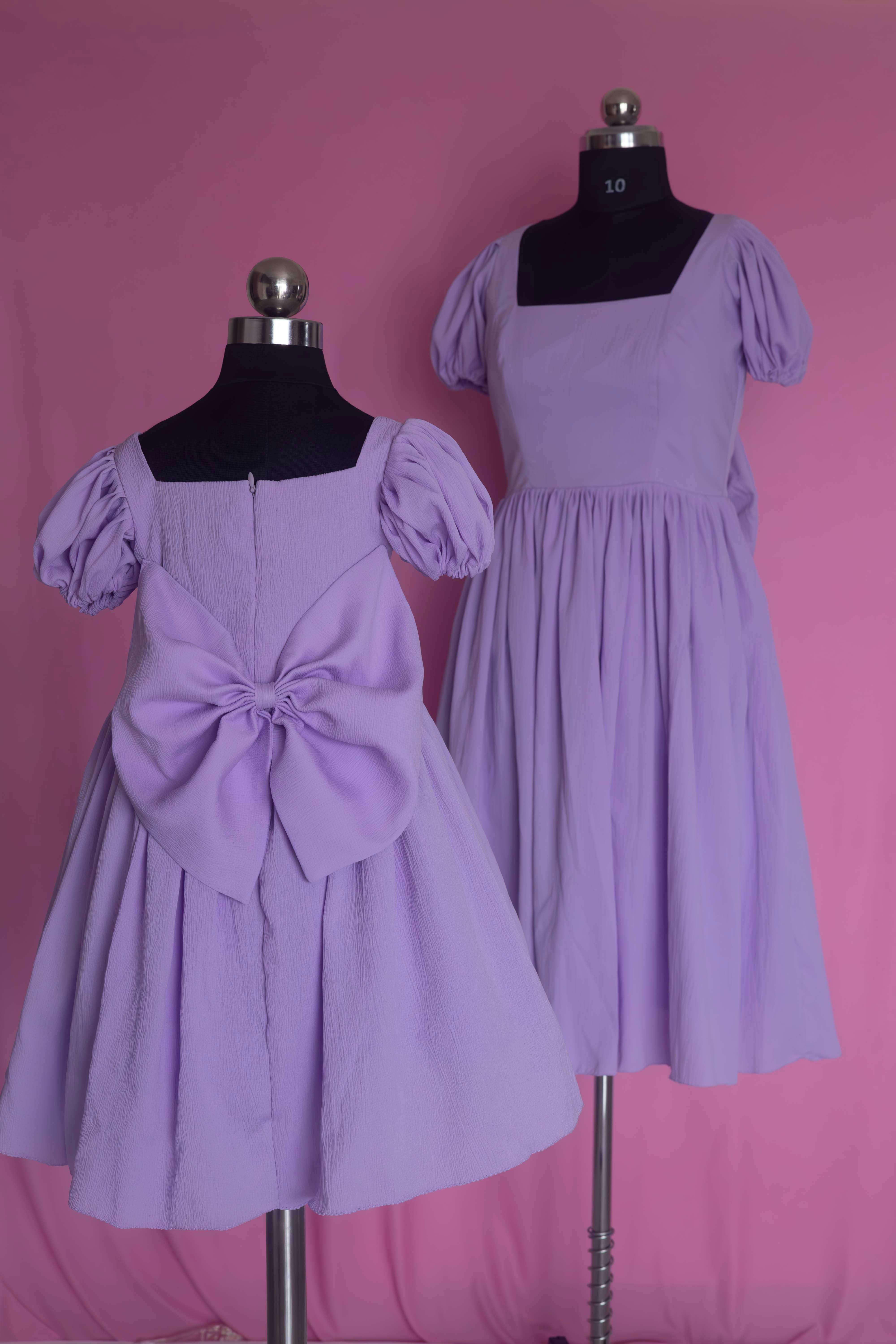 Lavender Puff Sleeve Back Bow Mother and Daughter Dress Set Lavender Puff Sleeve Back Bow Mother and Daughter Dress Set