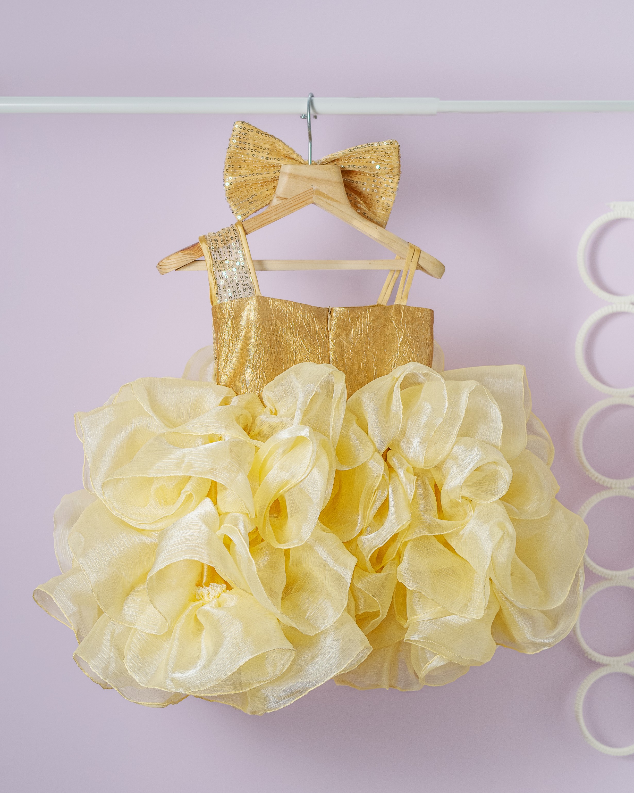 Golden Bloom Ruffle Party Dress with Sequin Bow Golden Bloom Ruffle Party Dress with Sequin Bow