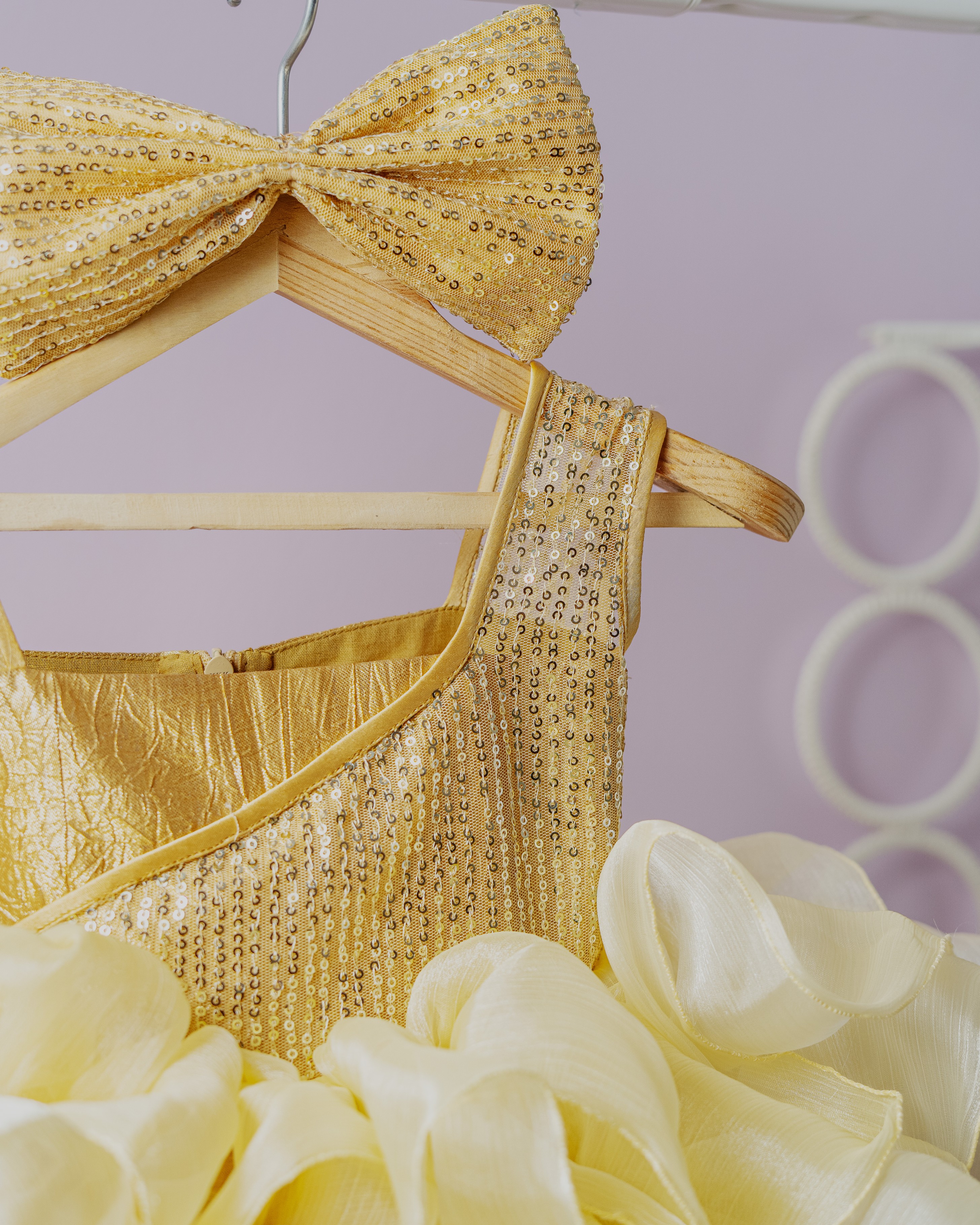 Golden Bloom Ruffle Party Dress with Sequin Bow Golden Bloom Ruffle Party Dress with Sequin Bow