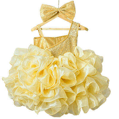 Golden Bloom Ruffle Party Dress with Sequin Bow Golden Bloom Ruffle Party Dress with Sequin Bow
