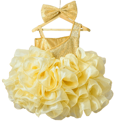Golden Bloom Ruffle Party Dress with Sequin Bow Golden Bloom Ruffle Party Dress with Sequin Bow